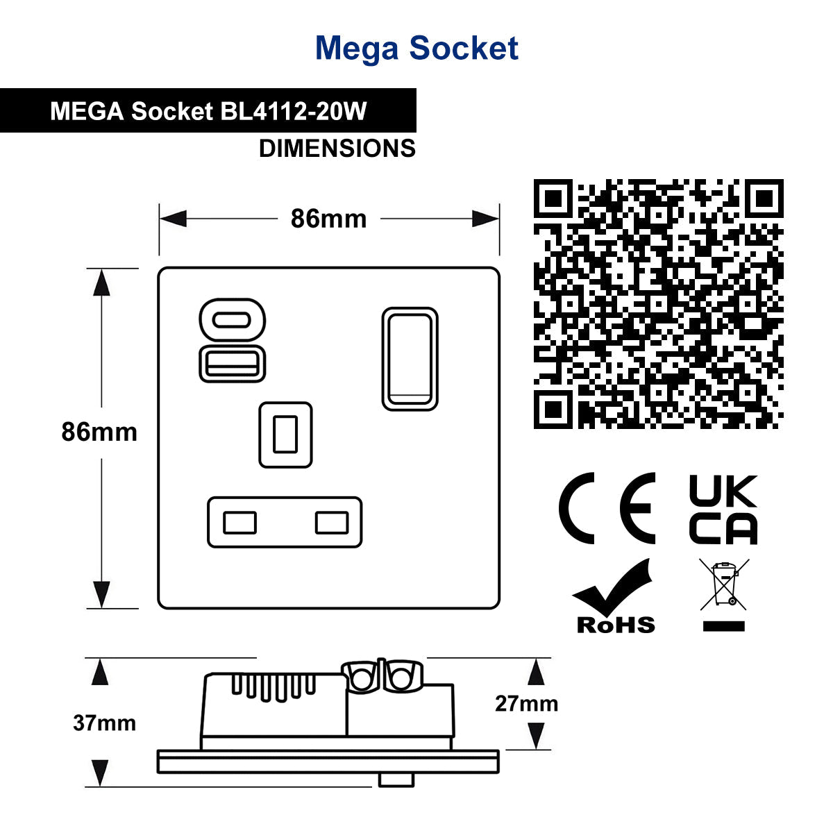 Matt Black Single 13A 1 Gang DP Switched Socket with Quick Charge Type A+Type C USB BL4112 - 20W - Energy Light Bulbs - Free delivery on all orders