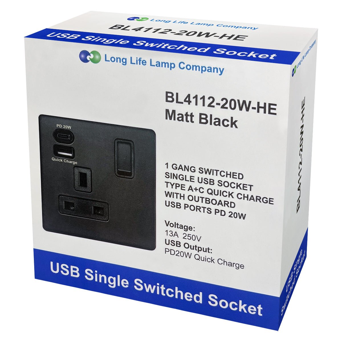 Matt Black Single 13A 1 Gang DP Switched Socket with Quick Charge Type A+Type C USB BL4112 - 20W - Energy Light Bulbs - Free delivery on all orders