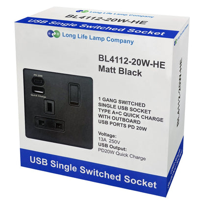 Matt Black Single 13A 1 Gang DP Switched Socket with Quick Charge Type A+Type C USB BL4112 - 20W - Energy Light Bulbs - Free delivery on all orders
