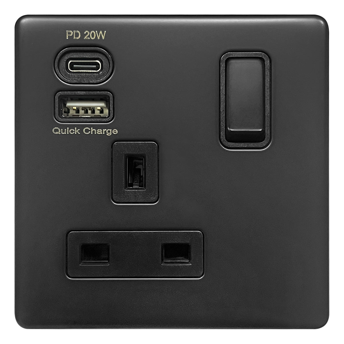 Matt Black Single 13A 1 Gang DP Switched Socket with Quick Charge Type A+Type C USB BL4112 - 20W - Energy Light Bulbs - Free delivery on all orders