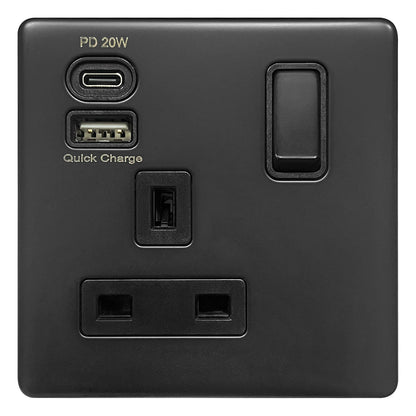Matt Black Single 13A 1 Gang DP Switched Socket with Quick Charge Type A+Type C USB BL4112 - 20W - Energy Light Bulbs - Free delivery on all orders