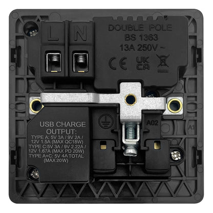 Matt Black Single 13A 1 Gang DP Switched Socket with Quick Charge Type A+Type C USB BL4112 - 20W - Energy Light Bulbs - Free delivery on all orders