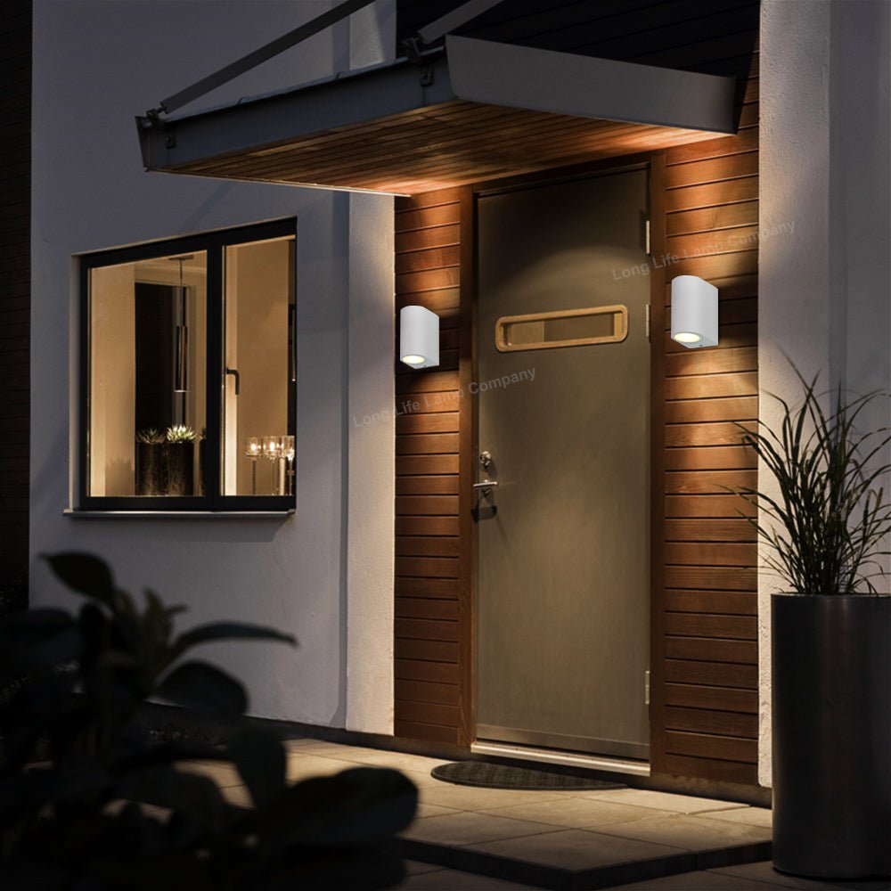 Matt White LED Modern Double Outdoor Wall Light Up/Down Garden Light - Energy Light Bulbs - Free delivery on all orders