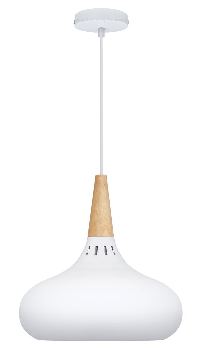 Metal Vintage White Ceiling Light Shade Dome Retro Hanging Pendant Light Wood Fitting - Energy Light Bulbs - Free delivery on all orders
