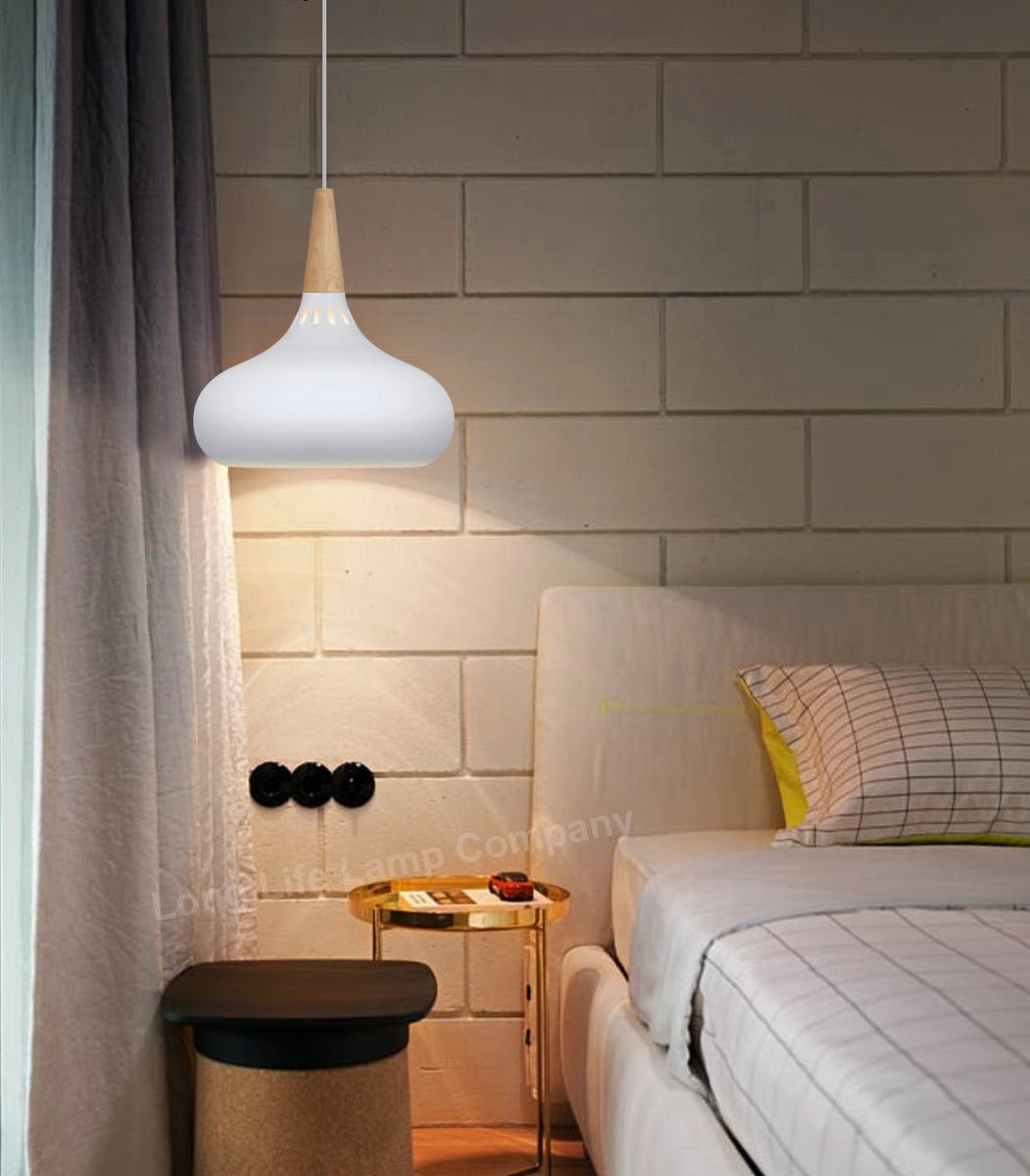 Metal Vintage White Ceiling Light Shade Dome Retro Hanging Pendant Light Wood Fitting - Energy Light Bulbs - Free delivery on all orders