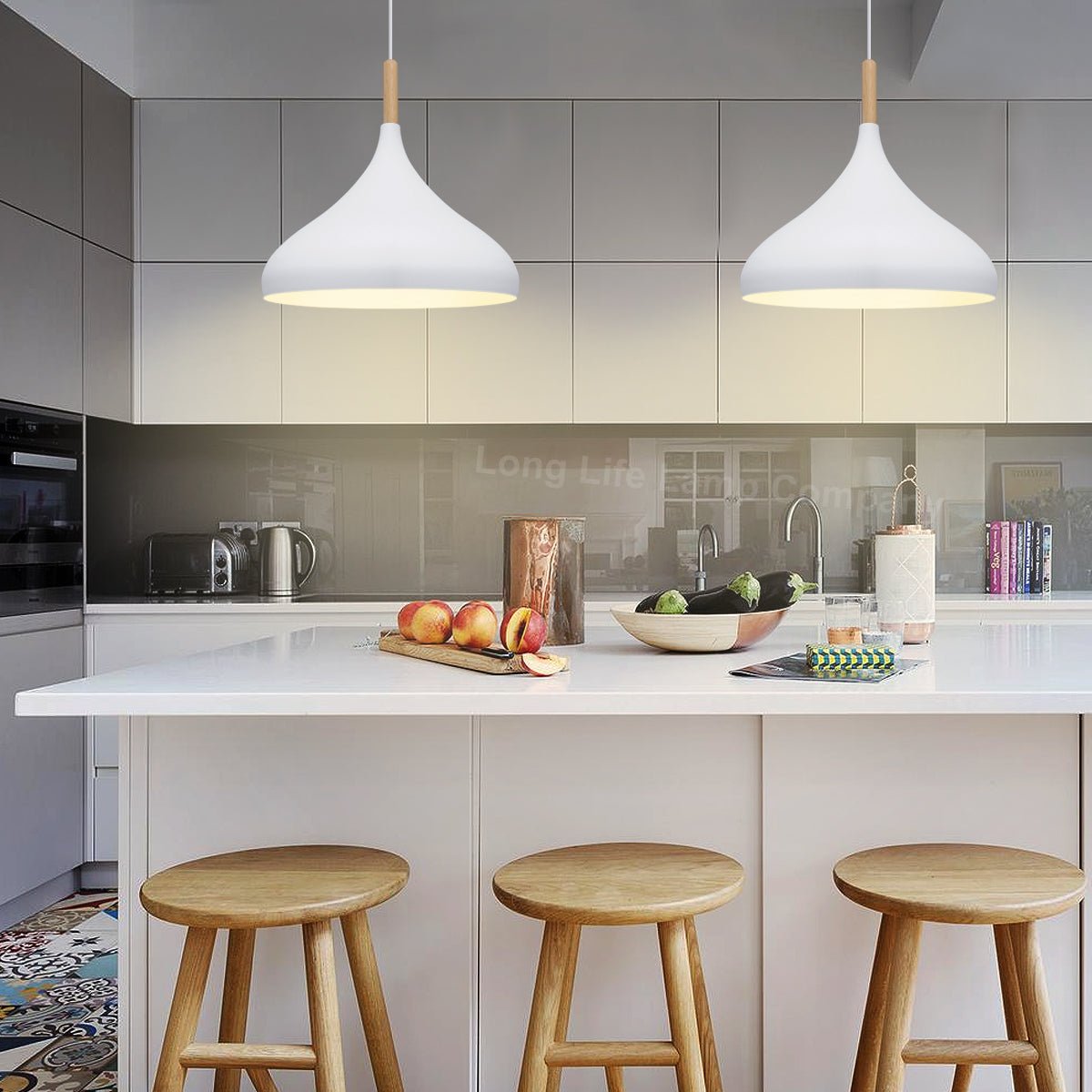 Metal Vintage White Ceiling Light Shade Retro Hanging Pendant Light Wood Fitting - Energy Light Bulbs - Free delivery on all orders