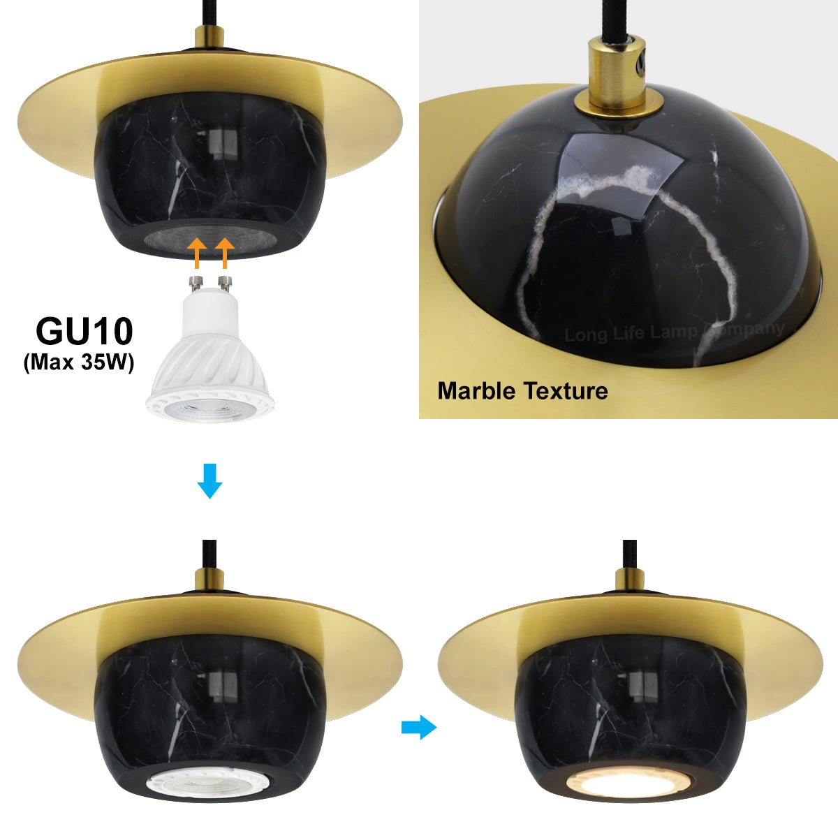 Mini Globe Modern Black Marble Ceiling Pendant Lamp Shade Brass Holder - Energy Light Bulbs - Free delivery on all orders