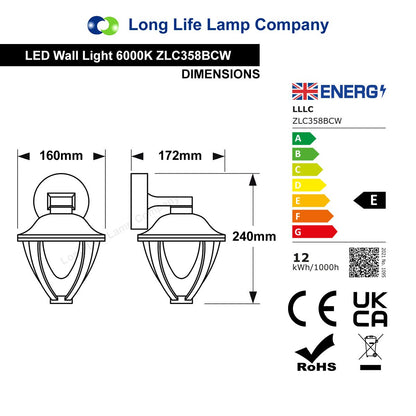 Modern 12W Black LED Outdoor Wall Light Cool White Garden Light - Energy Light Bulbs - Free delivery on all orders