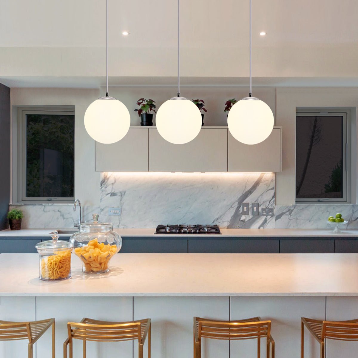 Modern 3 Light Chrome Ceiling Pendant with White Globe Lamp Shades - Energy Light Bulbs - Free delivery on all orders