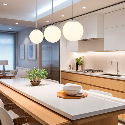 Modern 3 Light Chrome Ceiling Pendant with White Globe Lamp Shades - Energy Light Bulbs - Free delivery on all orders