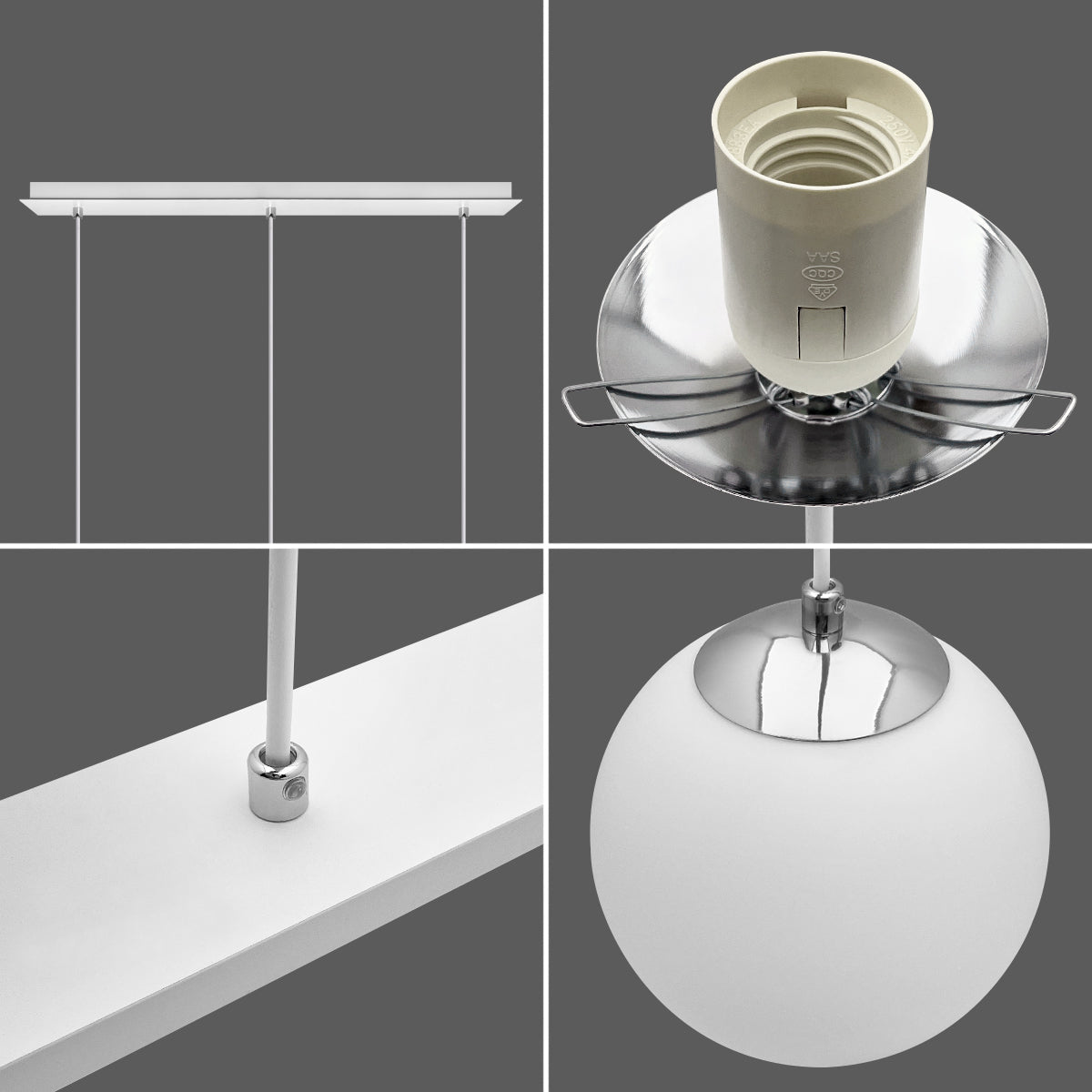 Modern 3 Light Chrome Ceiling Pendant with White Globe Lamp Shades - Energy Light Bulbs - Free delivery on all orders