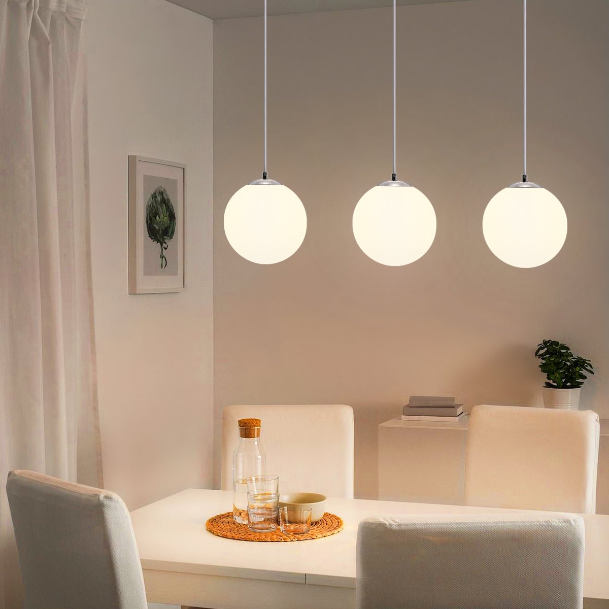 Modern 3 Light Chrome Ceiling Pendant with White Globe Lamp Shades - Energy Light Bulbs - Free delivery on all orders