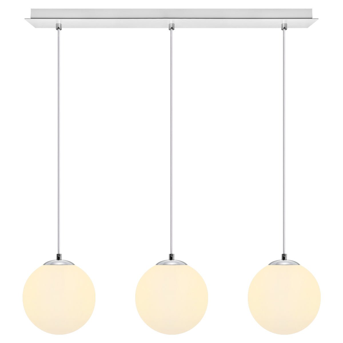 Modern 3 Light Chrome Ceiling Pendant with White Globe Lamp Shades - Energy Light Bulbs - Free delivery on all orders