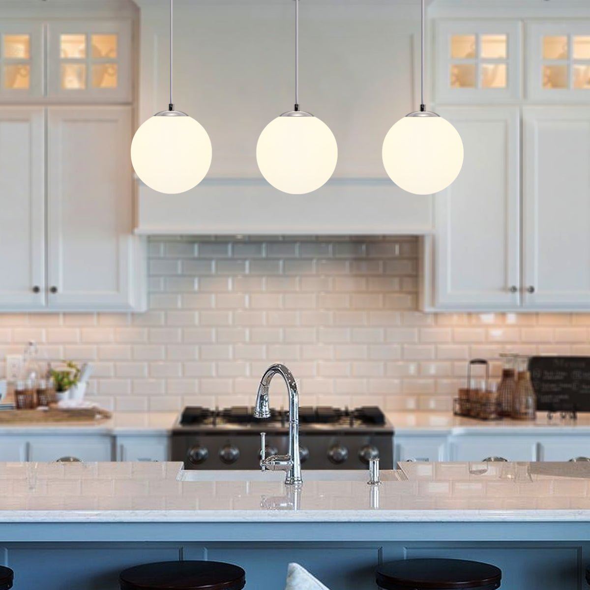Modern 3 Light Chrome Ceiling Pendant with White Globe Lamp Shades - Energy Light Bulbs - Free delivery on all orders