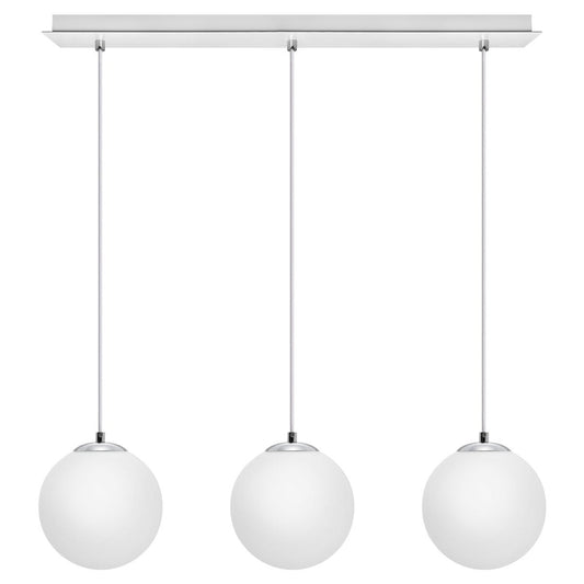 Modern 3 Light Chrome Ceiling Pendant with White Globe Lamp Shades - Energy Light Bulbs - Free delivery on all orders
