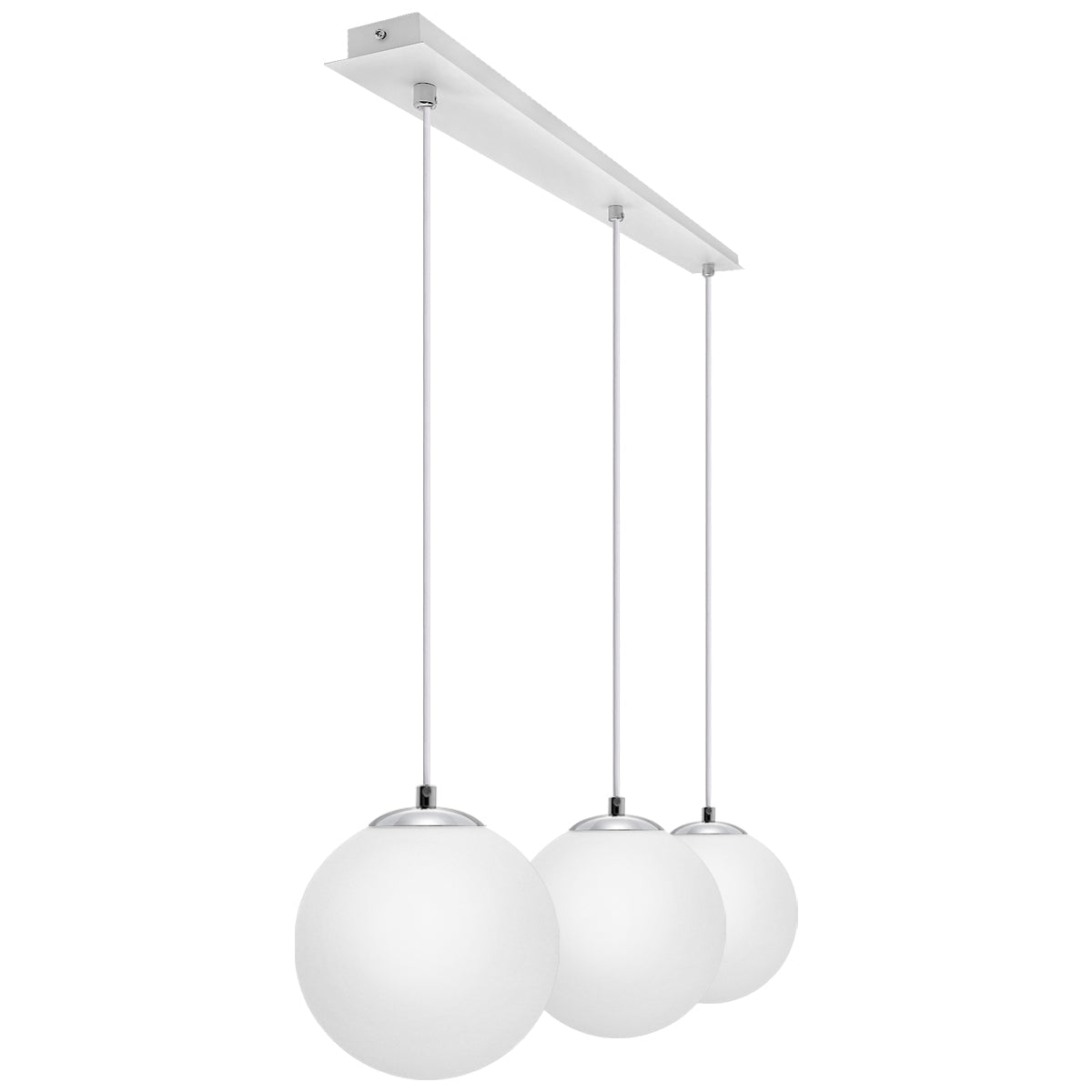 Modern 3 Light Chrome Ceiling Pendant with White Globe Lamp Shades - Energy Light Bulbs - Free delivery on all orders