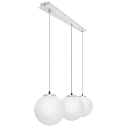 Modern 3 Light Chrome Ceiling Pendant with White Globe Lamp Shades - Energy Light Bulbs - Free delivery on all orders