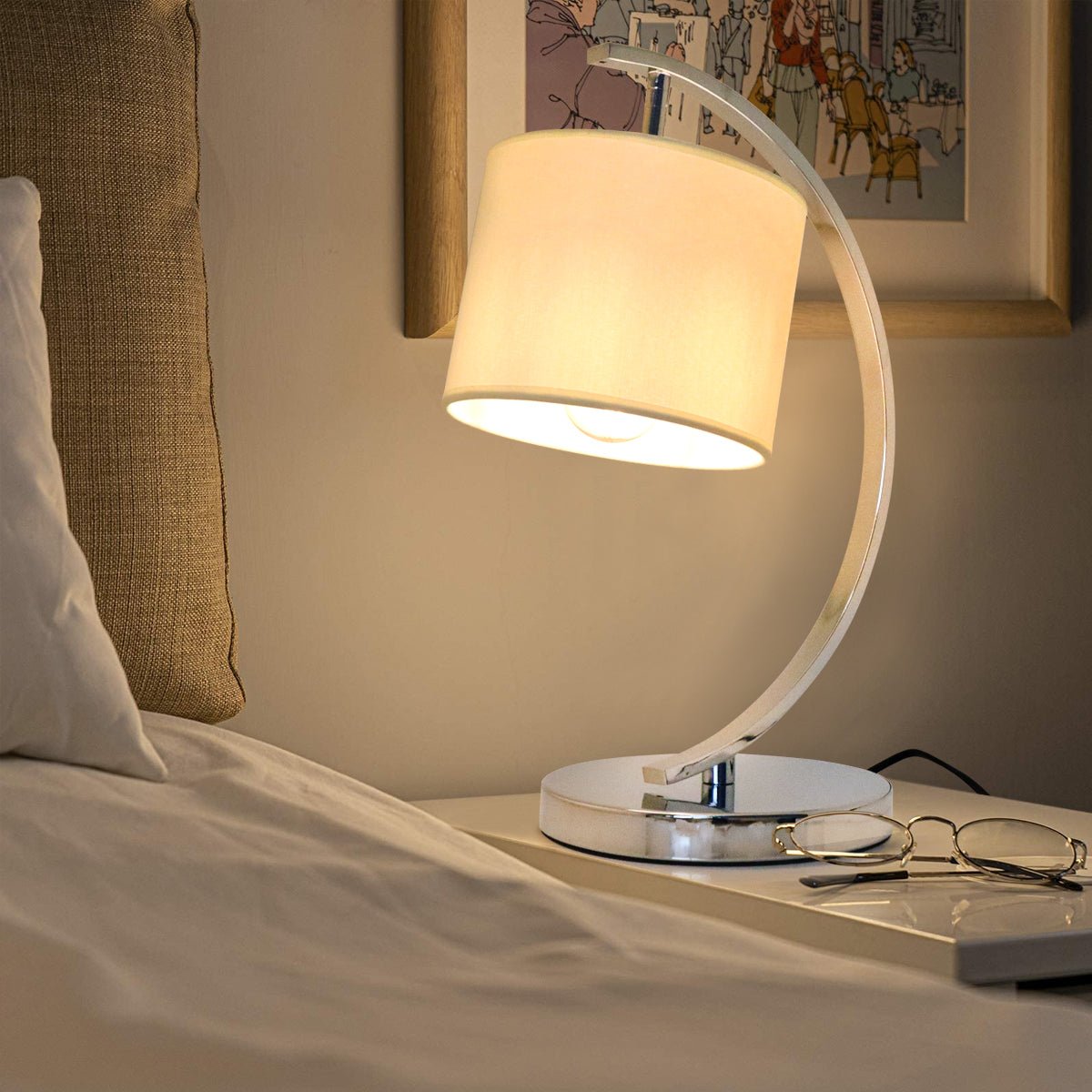 Modern Arched Chrome Table Lamp Fabric Lamp Shade Cream Drum - Energy Light Bulbs - Free delivery on all orders