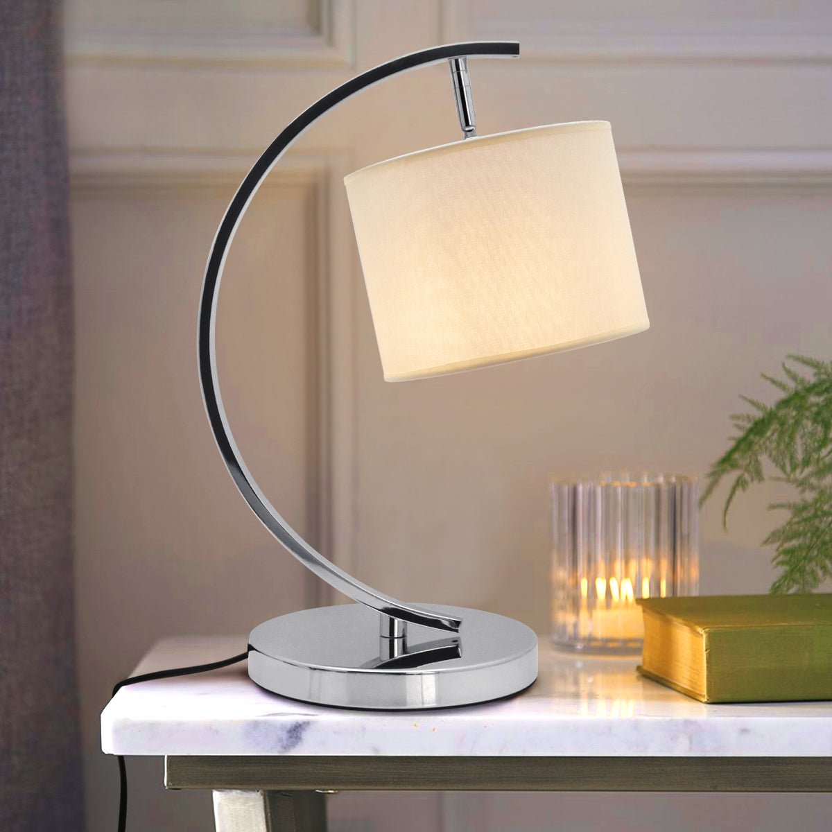 Modern Arched Chrome Table Lamp Fabric Lamp Shade Cream Drum - Energy Light Bulbs - Free delivery on all orders