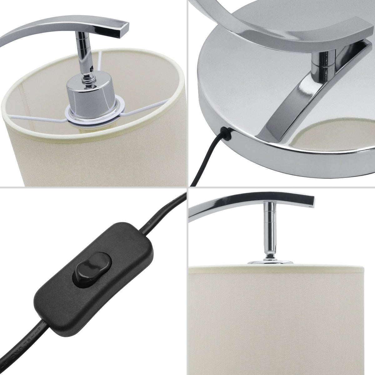 Modern Arched Chrome Table Lamp Fabric Lamp Shade Cream Drum - Energy Light Bulbs - Free delivery on all orders