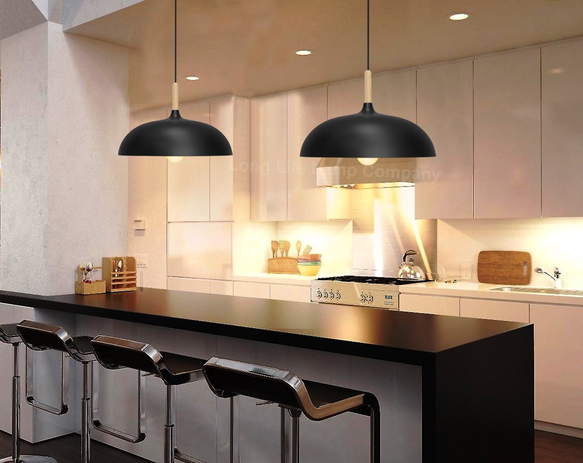 Modern Black Pendant Light Shade Dome Metal Wooden Nordic Kitchen Island Ceiling Lights - Energy Light Bulbs - Free delivery on all orders