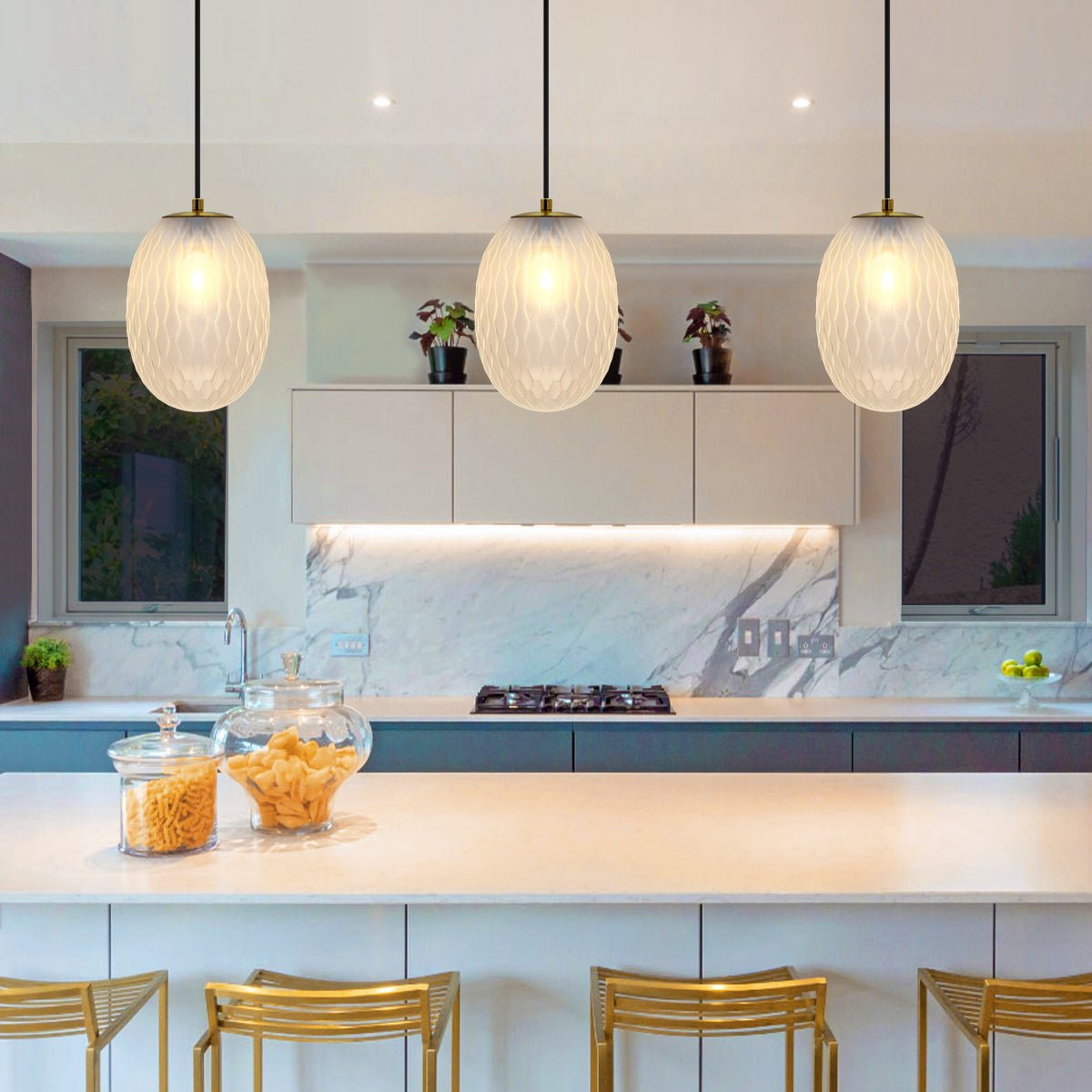 Modern Brass Ceiling Pendant Light Frosted White Textured Glass Lamp Shade - Energy Light Bulbs - Free delivery on all orders