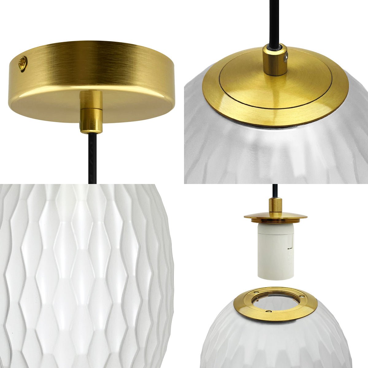 Modern Brass Ceiling Pendant Light Frosted White Textured Glass Lamp Shade - Energy Light Bulbs - Free delivery on all orders