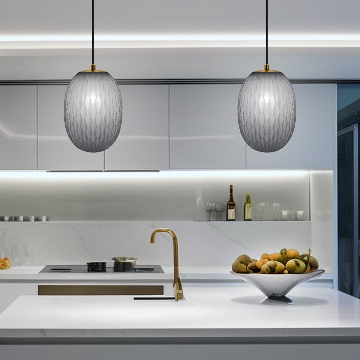Modern Brass Ceiling Pendant Light Grey Textured Glass Lamp Shade - Energy Light Bulbs - Free delivery on all orders