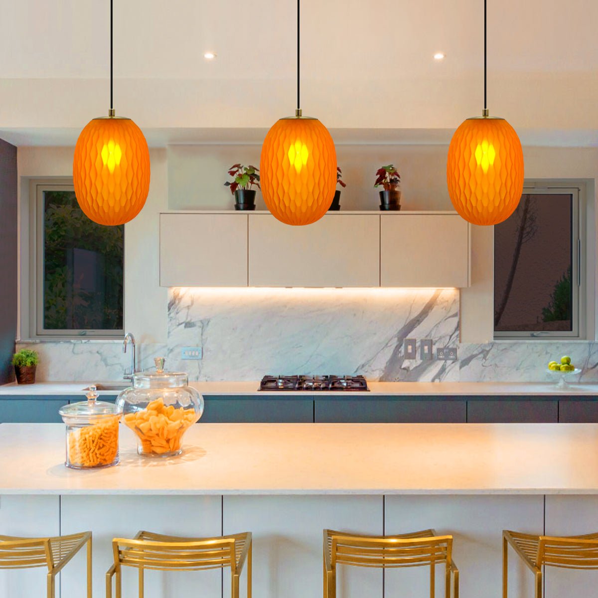 Modern Brass Ceiling Pendant Light Orange Textured Glass Lamp Shade - Energy Light Bulbs - Free delivery on all orders