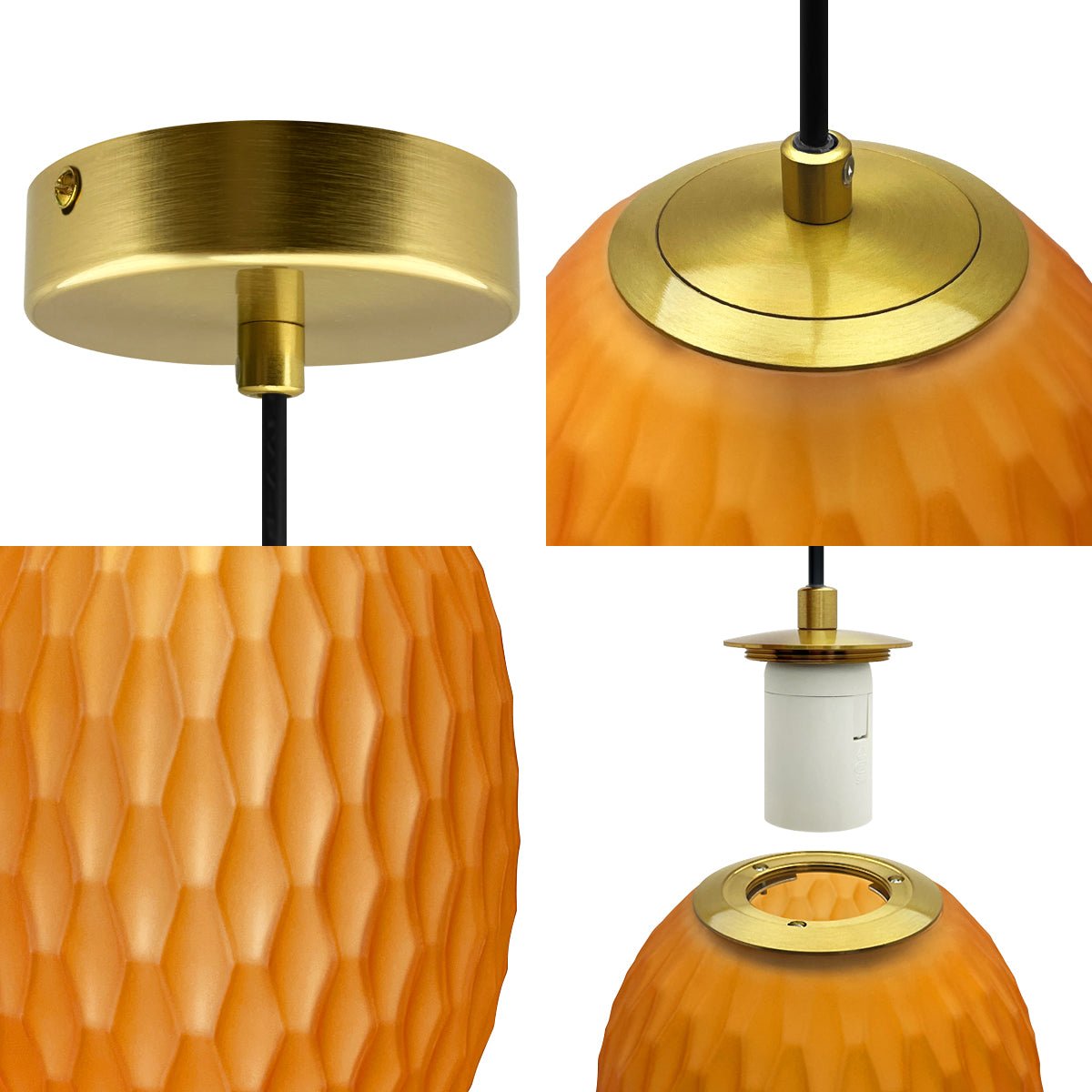 Modern Brass Ceiling Pendant Light Orange Textured Glass Lamp Shade - Energy Light Bulbs - Free delivery on all orders