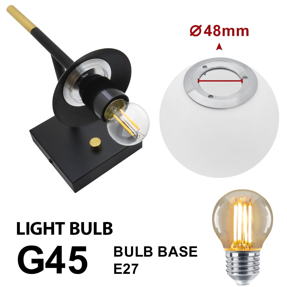 Modern Brass Wall Light Black Frosted Glass Globe Sconce - Energy Light Bulbs - Free delivery on all orders