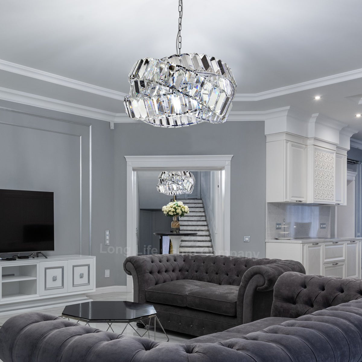 Modern Ceiling Crystal Chandelier Pendant Light Chrome Fixture Glass 3 Rings - Energy Light Bulbs - Free delivery on all orders