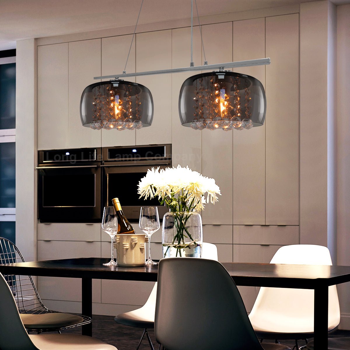 Modern Ceiling Crystal Droplet Pendant Light Double Smoked Grey Glass - Energy Light Bulbs - Free delivery on all orders