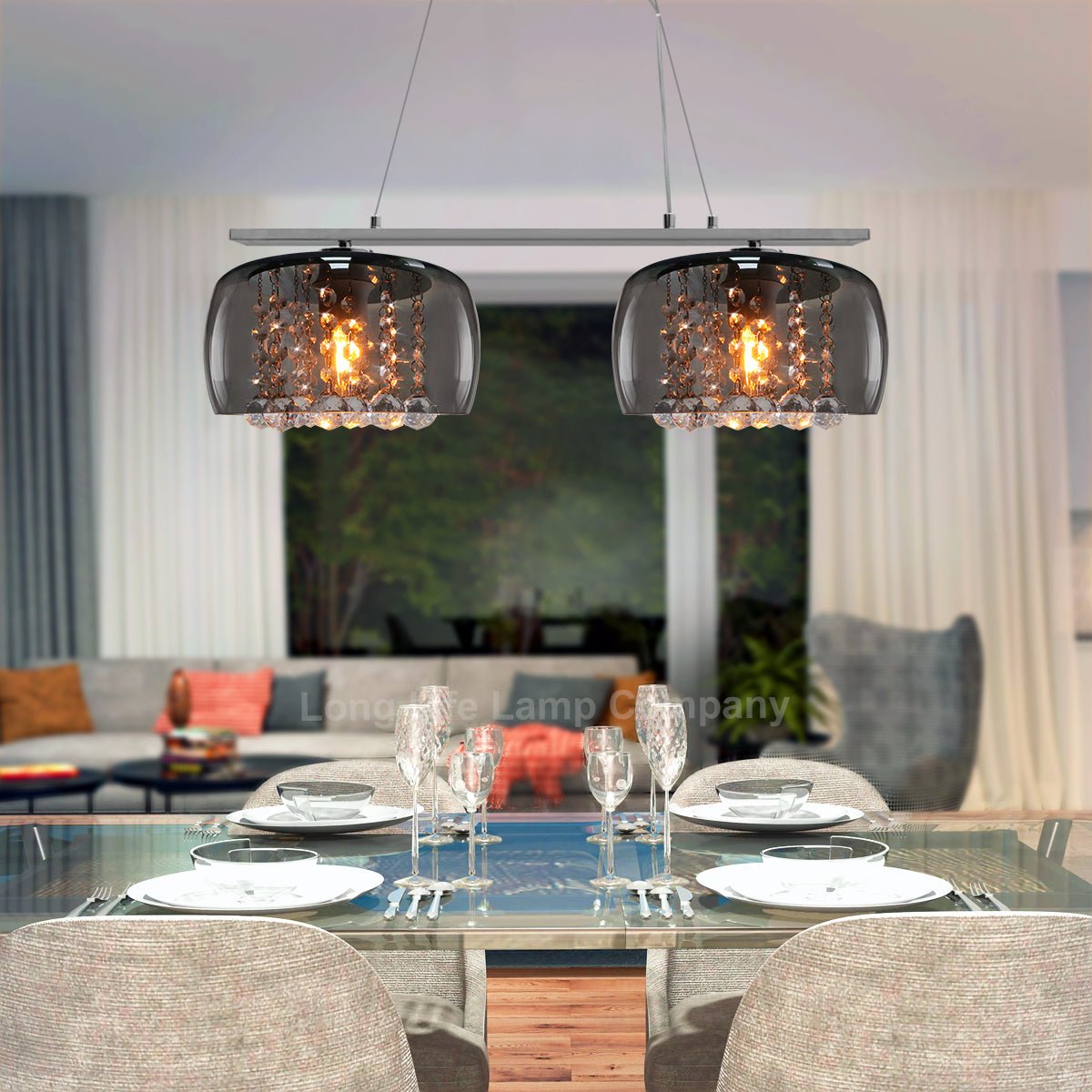 Modern Ceiling Crystal Droplet Pendant Light Double Smoked Grey Glass - Energy Light Bulbs - Free delivery on all orders