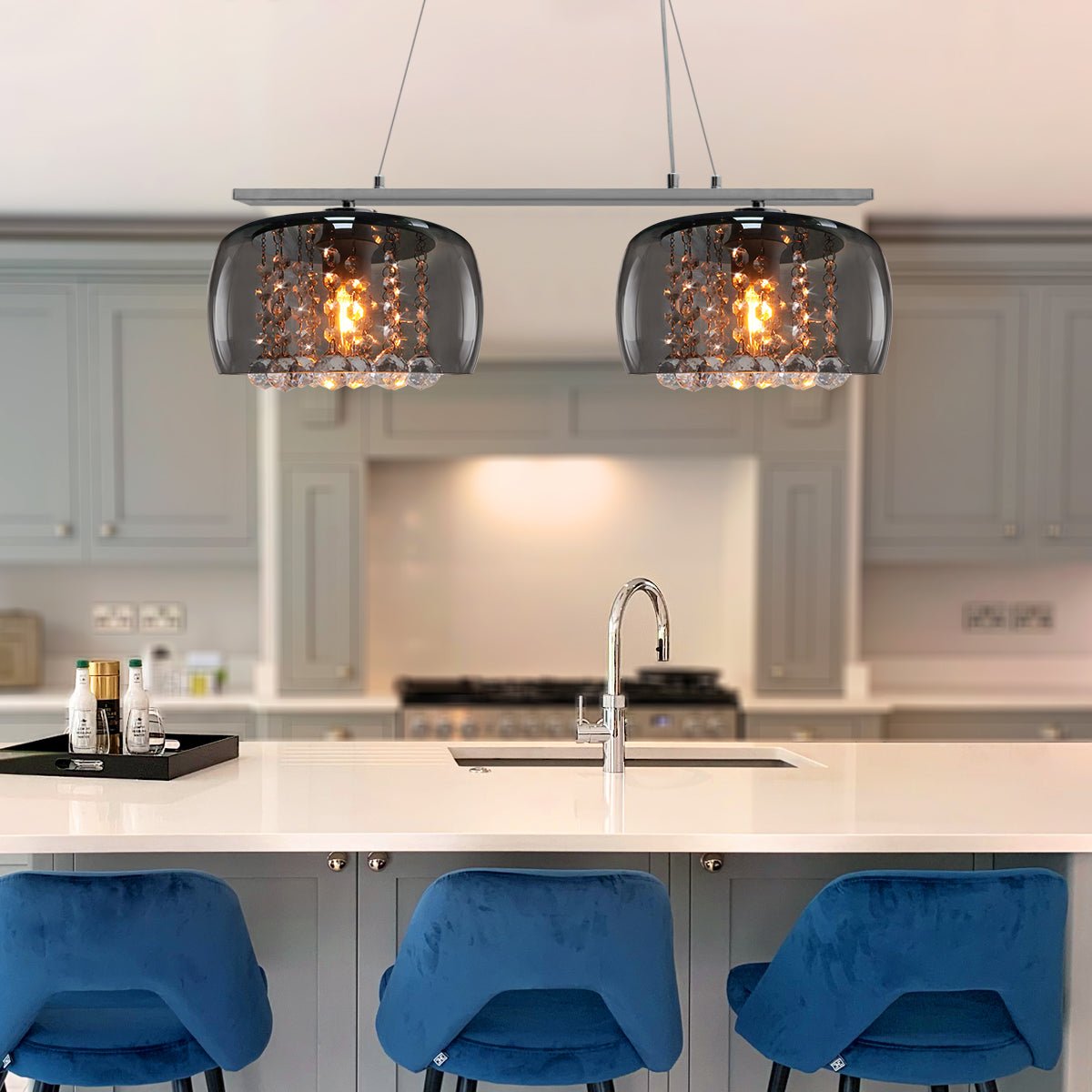 Modern Ceiling Crystal Droplet Pendant Light Double Smoked Grey Glass - Energy Light Bulbs - Free delivery on all orders