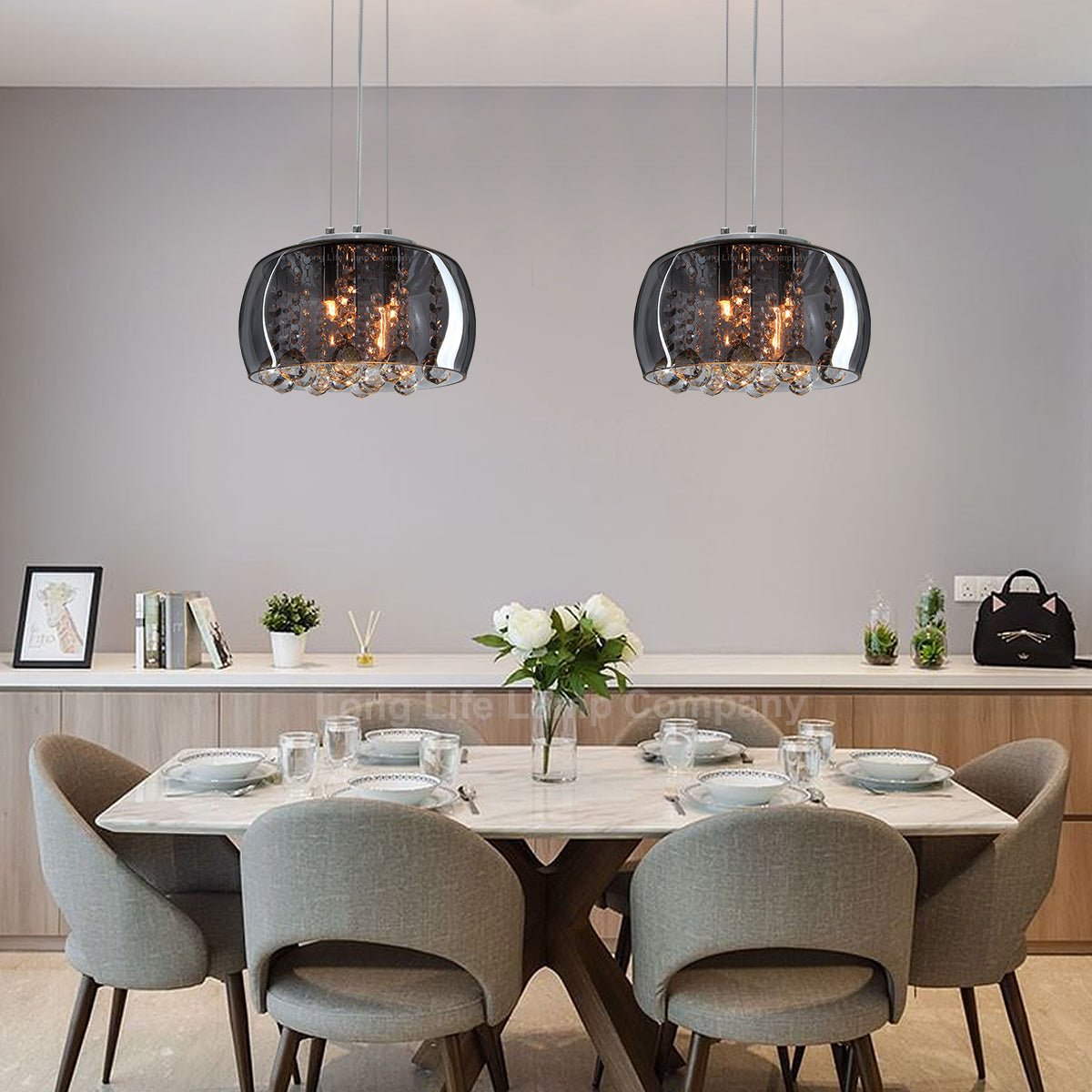 Modern Ceiling Crystal Droplet Pendant Light Smoked Grey Glass Lamp Shade Drum - Energy Light Bulbs - Free delivery on all orders