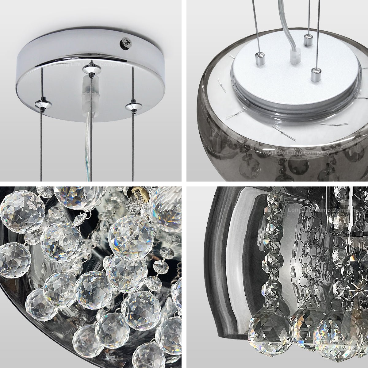 Modern Ceiling Crystal Droplet Pendant Light Smoked Grey Glass Lamp Shade Drum - Energy Light Bulbs - Free delivery on all orders