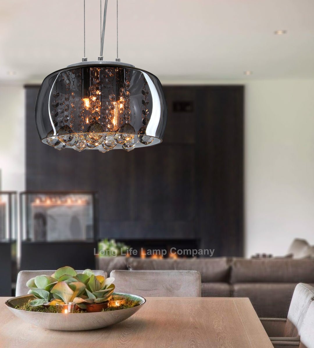 Modern Ceiling Crystal Droplet Pendant Light Smoked Grey Glass Lamp Shade Drum - Energy Light Bulbs - Free delivery on all orders