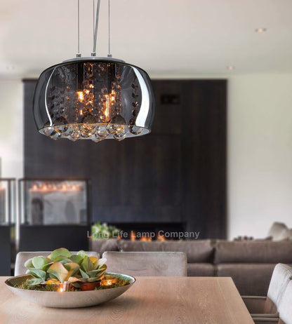 Modern Ceiling Crystal Droplet Pendant Light Smoked Grey Glass Lamp Shade Drum - Energy Light Bulbs - Free delivery on all orders