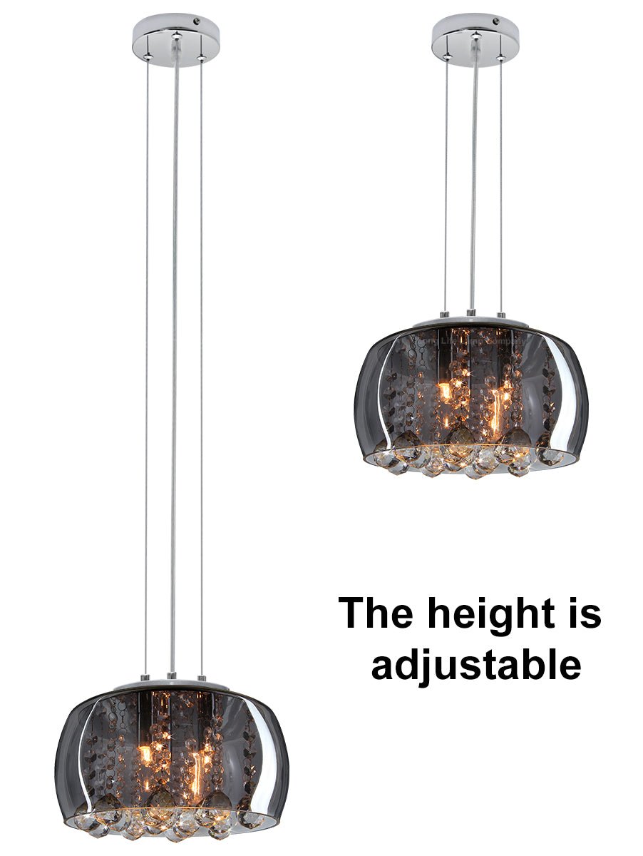 Modern Ceiling Crystal Droplet Pendant Light Smoked Grey Glass Lamp Shade Drum - Energy Light Bulbs - Free delivery on all orders
