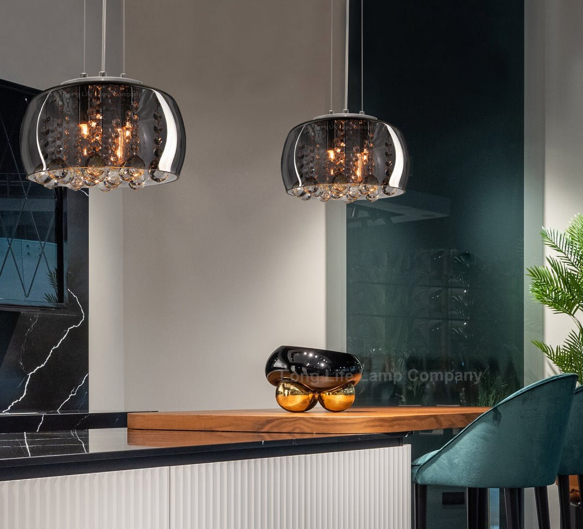 Modern Ceiling Crystal Droplet Pendant Light Smoked Grey Glass Lamp Shade Drum - Energy Light Bulbs - Free delivery on all orders
