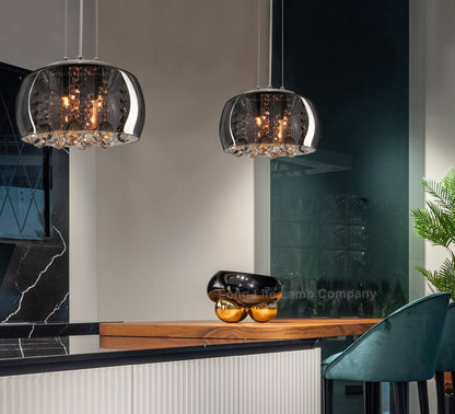 Modern Ceiling Crystal Droplet Pendant Light Smoked Grey Glass Lamp Shade Drum - Energy Light Bulbs - Free delivery on all orders