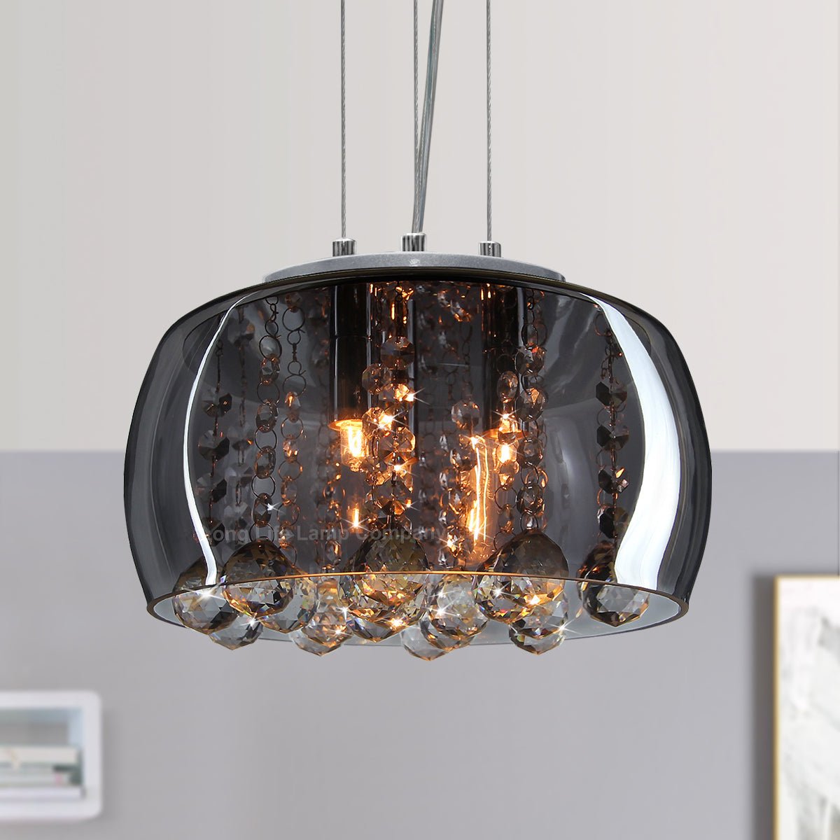 Modern Ceiling Crystal Droplet Pendant Light Smoked Grey Glass Lamp Shade Drum - Energy Light Bulbs - Free delivery on all orders