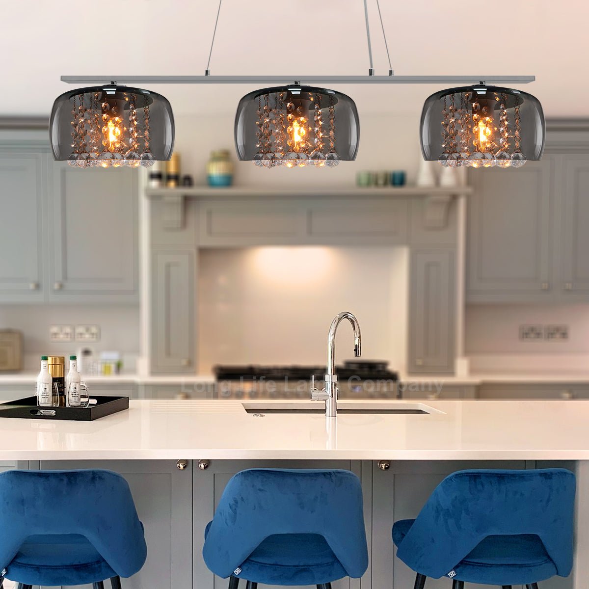 Modern Ceiling Crystal Droplet Pendant Light Triple Smoked Grey Glass - Energy Light Bulbs - Free delivery on all orders
