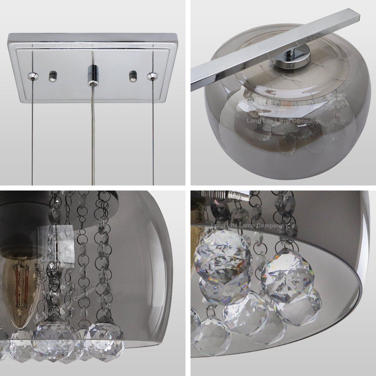 Modern Ceiling Crystal Droplet Pendant Light Triple Smoked Grey Glass - Energy Light Bulbs - Free delivery on all orders