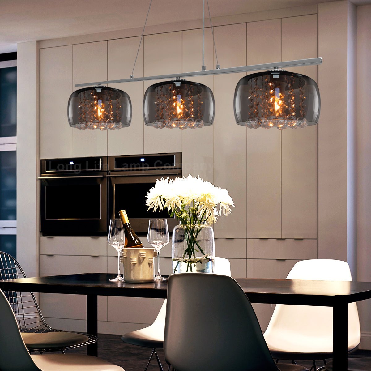 Modern Ceiling Crystal Droplet Pendant Light Triple Smoked Grey Glass - Energy Light Bulbs - Free delivery on all orders