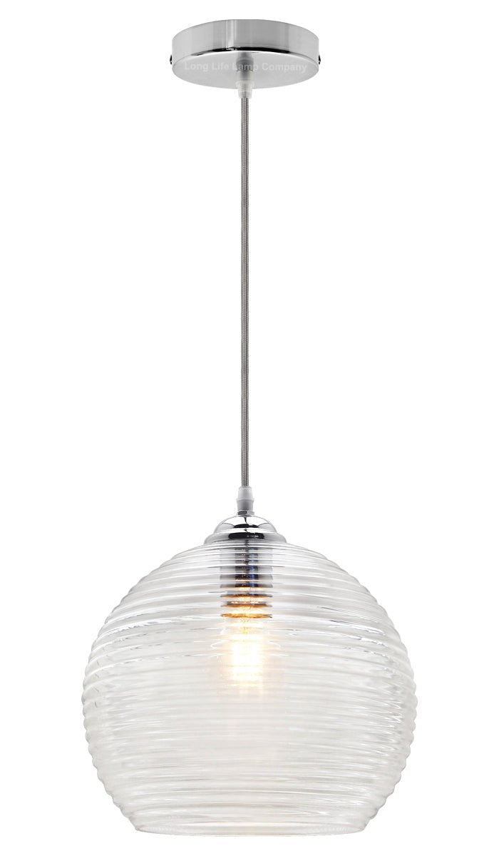 Modern Ceiling Globe Glass Pendant Lamp Shade Clear Rib - Energy Light Bulbs - Free delivery on all orders