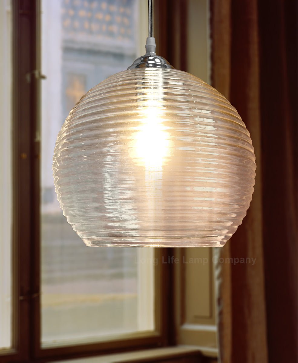 Modern Ceiling Globe Glass Pendant Lamp Shade Clear Rib - Energy Light Bulbs - Free delivery on all orders