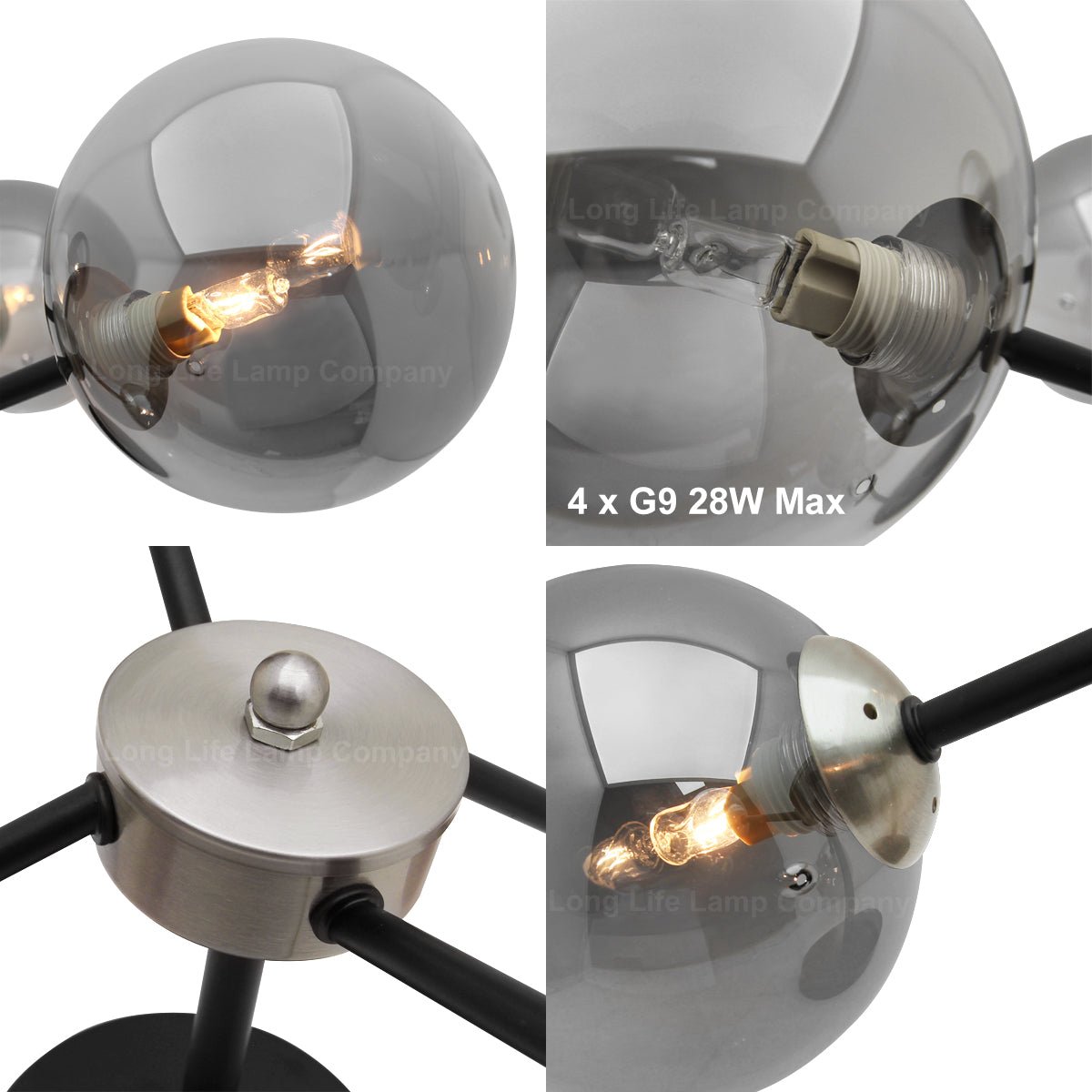 Modern Ceiling Light 4 Glass Globe Smoked Grey Lamp Shades with G9 LED 5w Warm White - Energy Light Bulbs - Free delivery on all orders