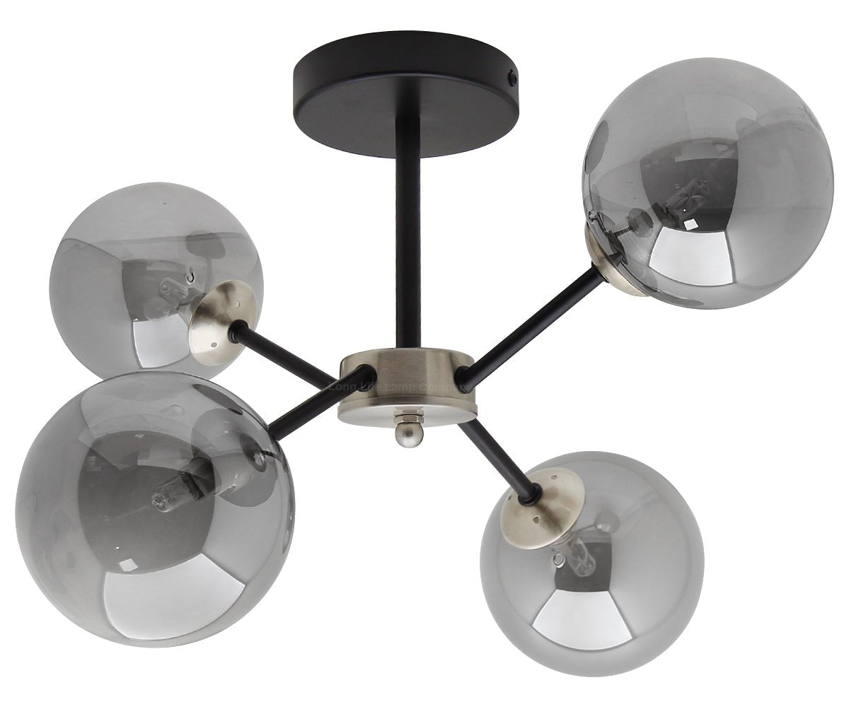 Modern Ceiling Light 4 Glass Globe Smoked Grey Lamp Shades with G9 LED 5w Warm White - Energy Light Bulbs - Free delivery on all orders